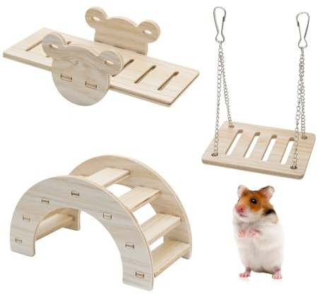 LuckyOpt 3 Pcs Hamster Toys, Wooden Hamsters Swing & Bridge & Seesaw DIY Hamster Cage Accessories Boredom Breaker Activity Toy, Small Pets Play and Exercise Toys for Hamsters, Rodents, Gerbils (A)