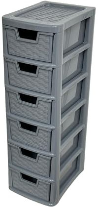 SIDSONS Mini Plastic Storage Drawers 6 Drawer Unit Small Drawer Tower Home Kitchen Craft Modular storage unit Office Desktop Storage Stationary Drawers (6 Drawers Mini Rattan Grey)