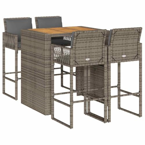 vidaXL 5-TLG. Gartenbar-Set mit Kissen Grau Poly Rattan Akazie