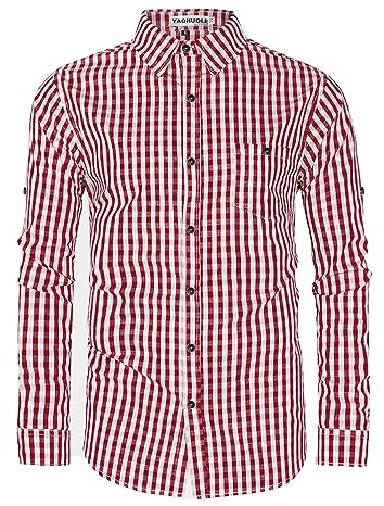 YAOHUOLE Mens Shirts Long Sleeve Formal Shirts Checked Shirts Long Sleeve Oktoberfest Shirt Men Bavarian Shirt Wine Red L
