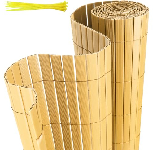 Jaxguom PVC Sichtschutzmatte, 120 x 700cm Sichtschutzzaun mit Kabelbindern, Verstärkte W-Struktur Lamellen, Wetterfester Windschutz für Balkon, Garten und Terrasse, Bambus