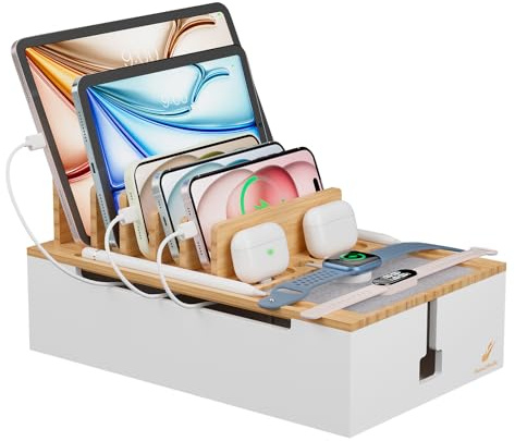 Pezin & Hulin Bamboo Charging Station, Electronic Devices Organizer for Multiple Devices Charger Such As Cell Phone, Tablet, Watch and more, Natural+White, (No USB Charger and Cables）