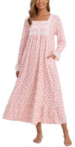 Rubehoow Chemise de nuit victorienne à manches longues pour femme, robe de pyjama vintage en coton doux avec poches