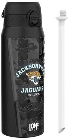 Ion8 NFL Jaguars Borraccia Termica con Cannuccia Rimovibile, 750ml/24oz, a Prova di Perdite, Facile da Aprire, Serratura Sicura, Lavabile in Lavastoviglie, Maniglia per il Trasporto, Facile Pulizia