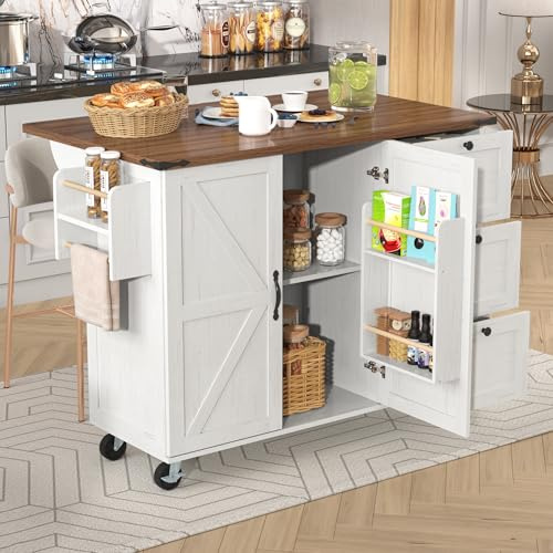 Refined Kücheninsel, Servierwagen mit ausziehbarer Arbeitsplatte, Küchenschrank,Küchentrolley,Speisewagen mit Holzmaserung, Speisewagen mit Zwei Türen und DREI Schubladen