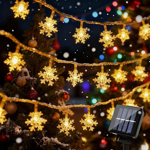 Quintrost Solar Schneeflocke Lichterketten Weihnachten, 6.5M 30 LED Solar Weihnachtsbeleuchtung Außen IP65 Wasserdicht, 8 Modi Solar Lichterkette Weihnachtsdeko für Garten Balkon Hochzeit, Warmweiß