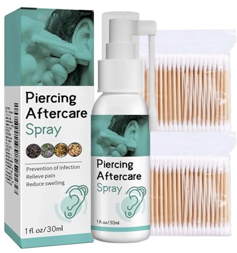 Piercing Aftercare Spray with 200 Cotton Swabs - Sterile Saline Solution for Ear Cleaning & Care, Mist with Cotton Buds