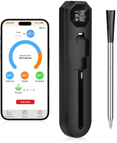Dreamhigh® Termometro per Carne con Bluetooth, 2 Sond, Termometro Alimentare Impermeabile IP67​, 0-300 °C, Ideale per BBQ, Grigliate, Affumicatori, Forni, Cucina