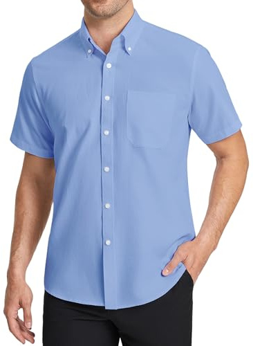 HISDERN Mens Short Sleeved Shirts Oxford Blue Classic Shirt Mens Regular Fit Casual Button Down Shirts for Men with Pocket, XL