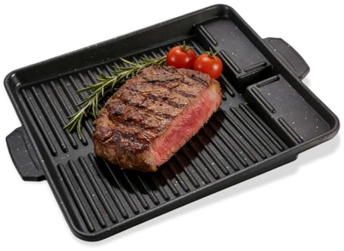 Grillplatte 32 × 26 cm Antihaftbeschichtet, Rechteckige Grillpfanne für Gaskocher & Camping, Aluminiumguss Grillaufsatz Raucharm für Gasgrill, Herd & Outdoor BBQ (32CM)