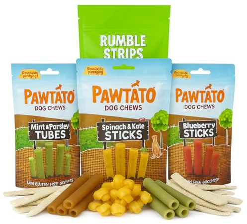 Pawtato Dog & Benevo Rumble Strips Treats Variety Pack Plant Based Vegan Dog Chews for Small & Medium Dogs Grain Free Rawhide Free Dental Treats Blueberry Sticks, Spinach Sticks, Mint & Parsley Tubes