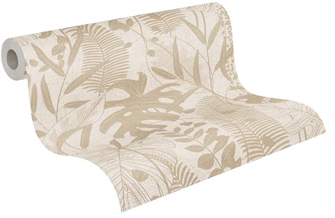 A.S. Création Palmenblatt-Vliestapete – Beige, Creme – 10,05 x 0,53 m | Florales Palmenblatt-Motivals Akzent – schimmernde Motivtapete im Metallic-Look, einfach zu verkleben & spurlos abziehbar