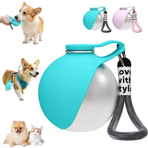 Trinkflasche Hunde für Unterwegs, 285ml Hundetrinkflasche Edelstahl (Blau) | Tragbare Wasserflasche Auslaufsichere mit Faltbarem Silikonnapf für Klein Hunde Katzen zum Reise Camping