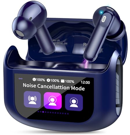 QXUFV Wireless Earbuds with Smart Touch Screen ANC Active Noise Cancelling Bluetooth 5.4 Headphones in Ear Earphones with HD Mic HiFi Stereo Sound, Bluetooth Earphones 40H Playtime IP7 (Blue)