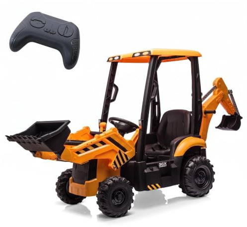 GarveeLife 12V Electric Ride-on Tractor for Kids, 4-in-1 Ride-on Digger with Shovel, Bulldozer and Dumper, 2.4G Remote Control, Horn and Music, Battery Powered Toy for Kids Aged 3+, Yellow
