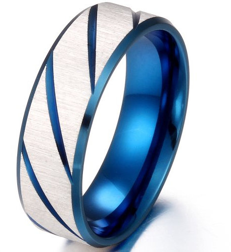 JewelryWe Schmuck Edelstahl Damen Herren Ring, Rillen, Partnerringe Hochzeitsband Unisex, Blau 7mm Breite Größe 54