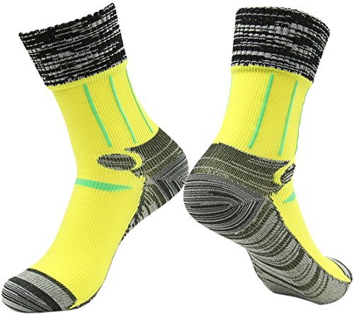 RANDY SUN Wasserdichte Skisocken, SGS-zertifiziert, unisex, kniehoch und wadenhoch, atmungsaktiv, Wandersocken, 1 Paar, Gelb-Grau-Grün-Mittelwaden-Socken, wasserfest, L