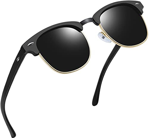 Joopin Occhiali da Sole Uomo Donna Polarizzati UV400 Protezione Classici Vintage Rettangolari Occhiali a Mezza Montatura per Guida Pesca Trekking (Nero Opaco/Bordo Dorato)