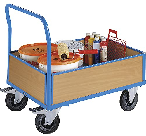 eurokraft | Plattformwagen mit Holzwänden | mit 4 halbhohen Wänden | LxB 1050 x 700 mm | Vollgummireifen