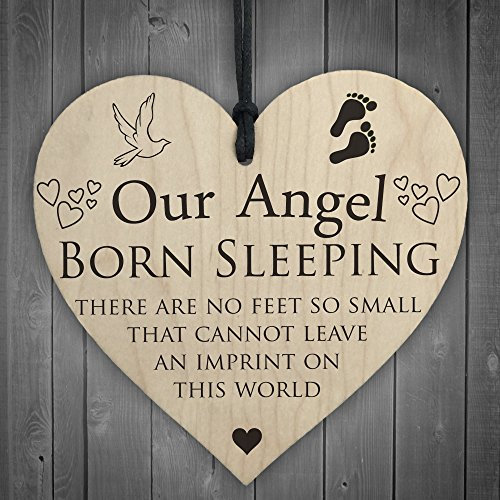 RED OCEAN Placa conmemorativa de madera con forma de corazón con texto en inglés «Our Angel Born Sleeping Sleep»