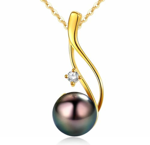 CHAULRI Collier avec pendentif en perle noire de Tahiti sur argent sterling plaqué or 18 carats sur chaîne réglable de 48,3 cm – Véritables perles noires, bijoux cadeaux pour femme, épouse, maman