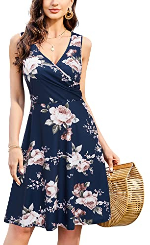 KILIG Sommerkleid Damen A-Linie Kleider Sommer Knielang V-Ausschnitt Kleid Freizeitkleid