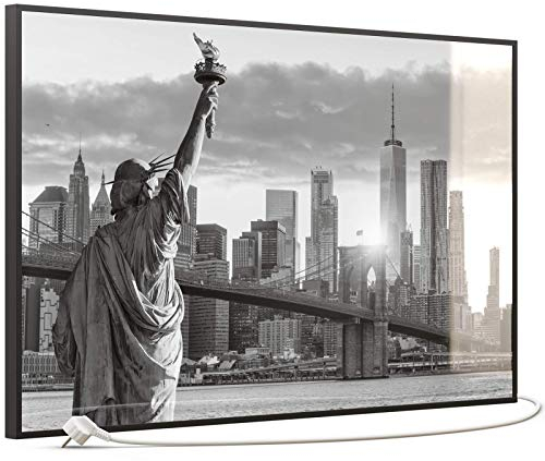 STEINFELD Heizsysteme® Glas Bild Infrarotheizung Elektroheizung mit Thermostat | Made in Germany | viele Motive 350-1200 Watt Rahmen schwarz (600 Watt, 014 New York Freiheitsstatue)