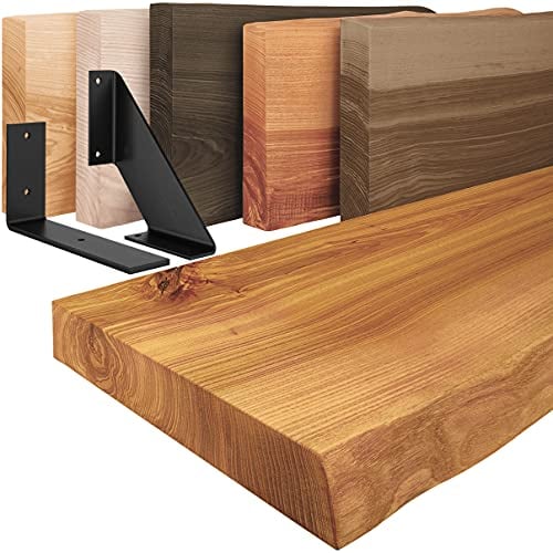 LAMO Manufaktur Wandregal Holz Baumkante | Regal Farbe: Rustikal | mit schwarzem Basic Regalträger | 140 cm