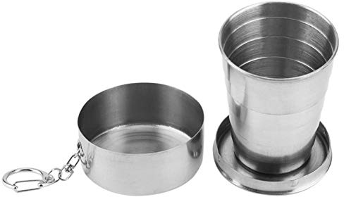 Omabeta Silver Portable Outdoor Tumbler Stainless Steel Collapsible Folding Cup Mini Lightweight Reusable Mugs with Key Chain for Traveling Camping(60ml)