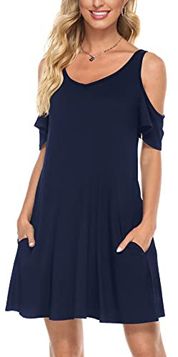 Florboom Damen Kleider Sommer Tshirt Blusenkleid A Linie Kleid Freizeitkleid Kurzarm Tunikakleid Dunkelblau XXL