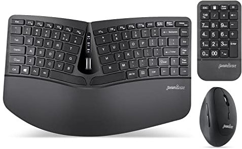 Perixx PERIDUO-606A Clavier ergonomique compact sans fil 3 en 1 avec souris verticale et pavé numérique – Repose-poignets réglable – Molette inclinable – Touches à membrane discrète – Anglais