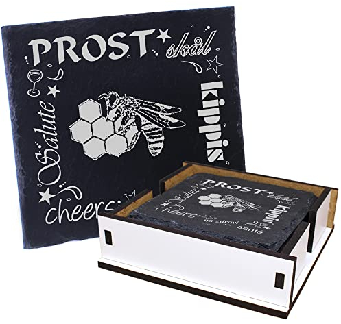 5X Schiefer Untersetzer - Prost Biene mit Wabe - inkl. Holzbox & Flaschenuntersetzer Deko Glasuntersetzer Tassenuntersetzer