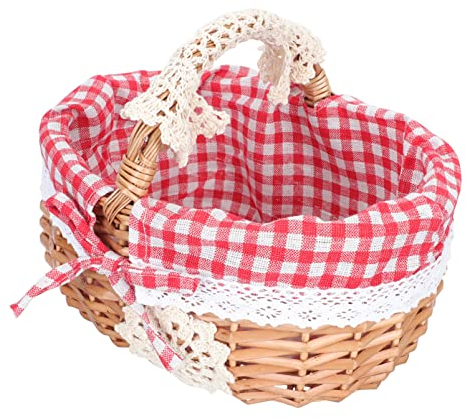 Cabilock Picknickkorb Rattan Korb Einkaufskorb Geschenkkorb Tragekorb Geflochten mit Griff Rot Liner Brotkorb Blumenkorb Landhausstil Picknickbedarf Aufbewahrungskorb Organizer