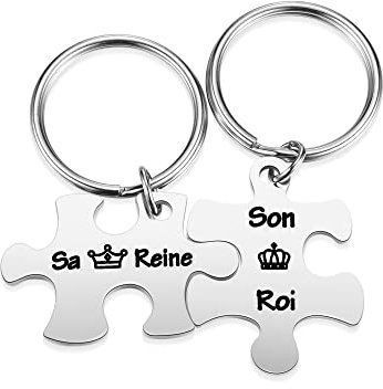 PiercingJak 2PCS Porte-clés Couple Amoureux Her King His Queen Personnalisé Son Roi Sa Reine Couronne Pendentif Puzzle Séparable Acier Inoxydable Cadeau Amour Femme Homme Saint-Valentin-Argent