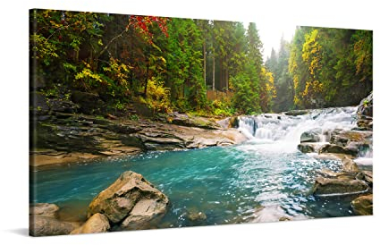 PICANOVA – Leinwandbild Waldfluss Wasserfall 100x50cm – Premium Leinwanddruck – Wandbild Kunstdruck Auf 2cm Holz-Keilrahmen Für Schlaf- Und Wohnzimmer Wanddekoration – Kollektion Wald