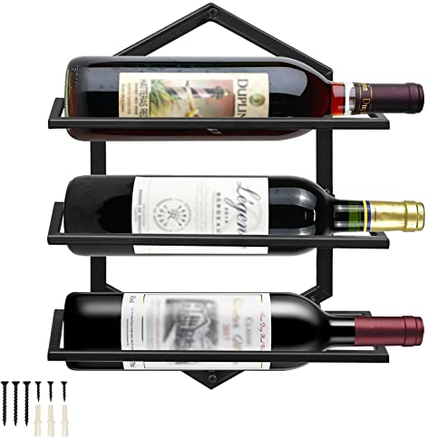Giyiprpi Metall Wandmontierter Weinhalter Rack, Weinglashalter Hängend Stehen Organizer für 3 Flaschen, Weinregal Rotweinregal für Home Kitchen Bar Displaydekor