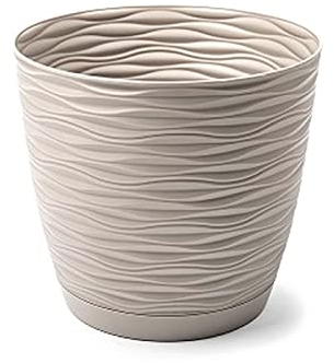 Acan Tradineur - Maceta Redonda con Plato - Diseño Wind (Ø 15 cm) - Fabricado en plástico - Ideal para jardín Exterior, terraza o balcón - Color Beige