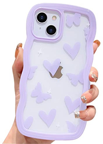 HZLFCZL Compatible with iPhone 14 Plus Case Cute Cartoon Heart Butterfly Clear Pattern Design Women Girls Kawaii Wave Slim Soft TPU Transparent Cover for iPhone 14 Plus 6.7 inch-Purple
