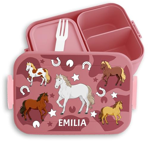 Kinder Bento Box Midi Lunchbox für Mepal Bentobox - Pferd - Pferde Brotdose Pferdemotiv Geschenk Pferdemädchen Jausenbox - 900 ml - Rosa - personalisierte schulbrotdose mädchen horse und name