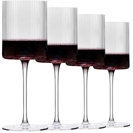 Ribbed Tall Wine Glasses with Long Stem - Unique Fluted Design - Set of 4
