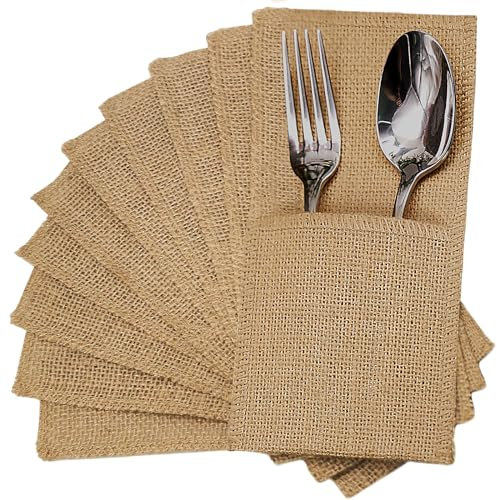 FQTANJU 50 Pcs Burlap Utensils Holders, 4x8.8 Natural Jute Cutlery Pouch Silverware Holder Knives Forks Spoon Napkin Bag for Rustic Wedding Party Decorations Favors