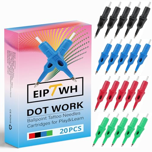 EIPTWH Kugelschreiber Tattoo Patronen mit Membran 4 Farben 20pcs Lehrling Patrone Tattoo Nadeln mit Kugelspitze für Pen Tattoo Gun Dotwork Zeichnung Praxis auf Papier für Anfänger