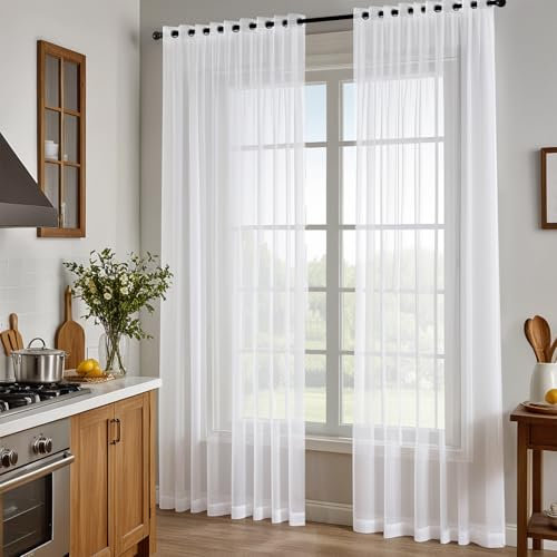 NAKIHOUSE Voile Curtain 96 Drop 2 Panels Net Curtains for Windows Eyelet Top Sheer Curtains for Kitchen Living Room Bedroom Window Treatment, White Voiles, 52 x 96