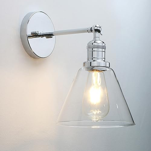 Pathson Industriel 180 degrés Ajustable Applique Murale, Cône Abat-jour en Verre Lampe Murale, Vanité Éclairage mural pour Salle de bain, Cuisine, Chambre à coucher (Chrome)