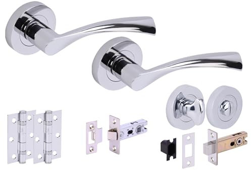 HANDLEZONE® Lobo Door Handles on Rose Bathroom Deadbolt Pack with 75mm Ball Bearing Hinges, 76mm Latch and Lock - Polished Chrome