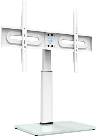 FITUEYES Soporte TV Mesa para Pantalla de 32 a 65 Pulgadas, Altura Ajustable y Rotación, Pie Universal Blanco con Base de Cristal, Hasta 40kg, MAX VESA 600x400mm