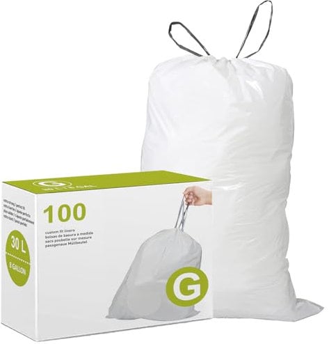 DisplayForever Code G Drawstring Trash Bags Compatible with simplehuman Code G | 8 Gallon 30L | 100 Count | 1.2 Mil | Heavy Duty White Custom Fit Garbage Liners (Pack of 1)