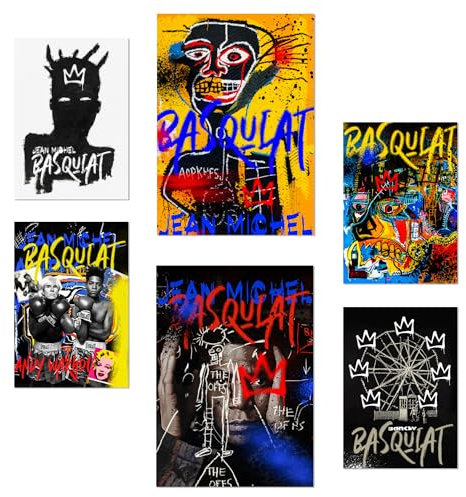 Nacnic 6er-Set Ikonische Basquiat-Graffiti-Pop-Art Poster mit Designillustrationen zur Dekoration der Wände Ihres Zuhauses. Räume, Büro, Laden und Geschäft A3 und A4 Rahmenlos