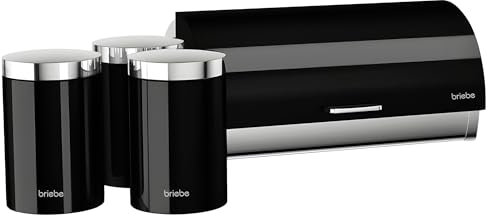briebe Table Bread Bin Set + Set of 3 Kitchen Storage Cans, Stainless Steel, Container for Storing Bread and Bakery, Sliding Lid, Modern Design, Bread Box, Black/Stainless Steel