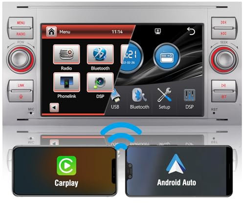 Autoradio DSP ad alta potenza per Ford Mondeo Focus Kuga C-Max S-Max Fusion Transit Galaxy,carplay wireless integrato e Android Auto,comandi al volante,radio AM/FM/RDS,Bluetooth,USB,schermo IPS 1080P